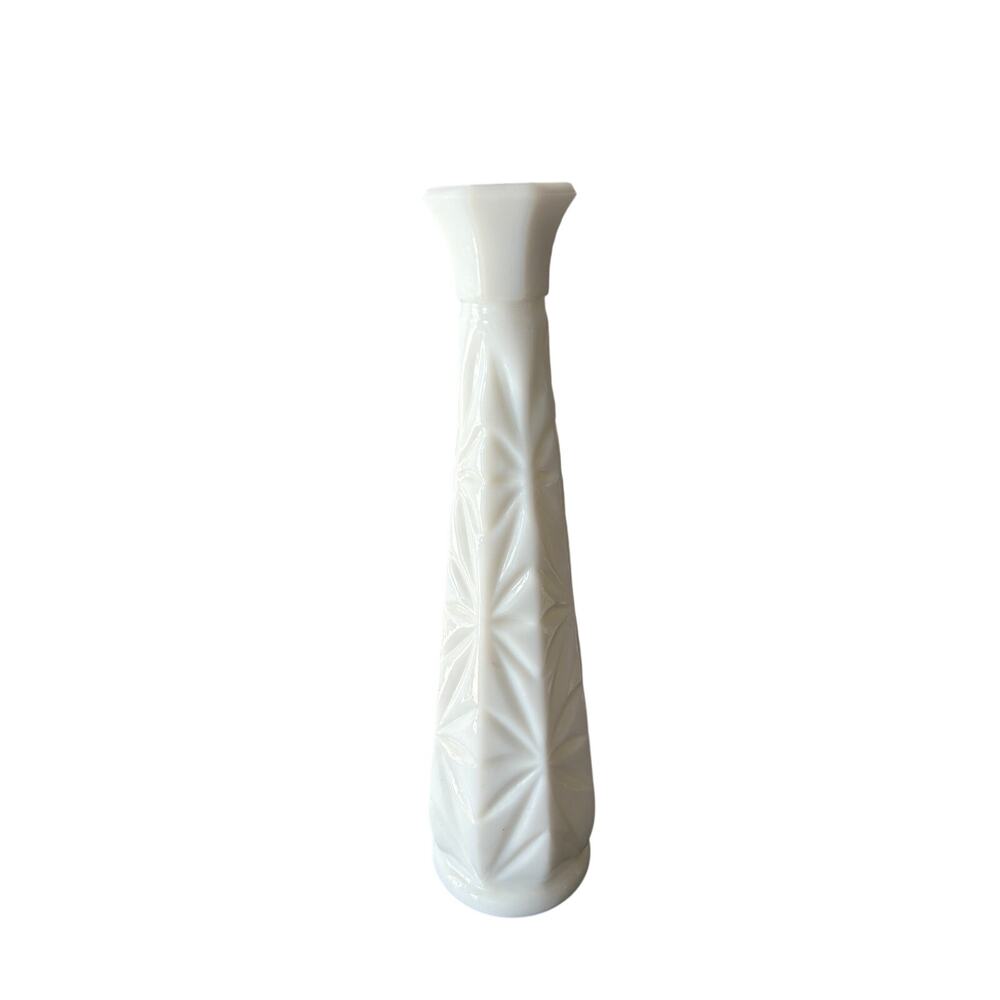 Vintage White Milk Glass Bud Vase 9” Starburst Geometric Pattern